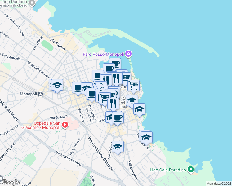 map of restaurants, bars, coffee shops, grocery stores, and more near 30 Via S. Domenico in Monopoli