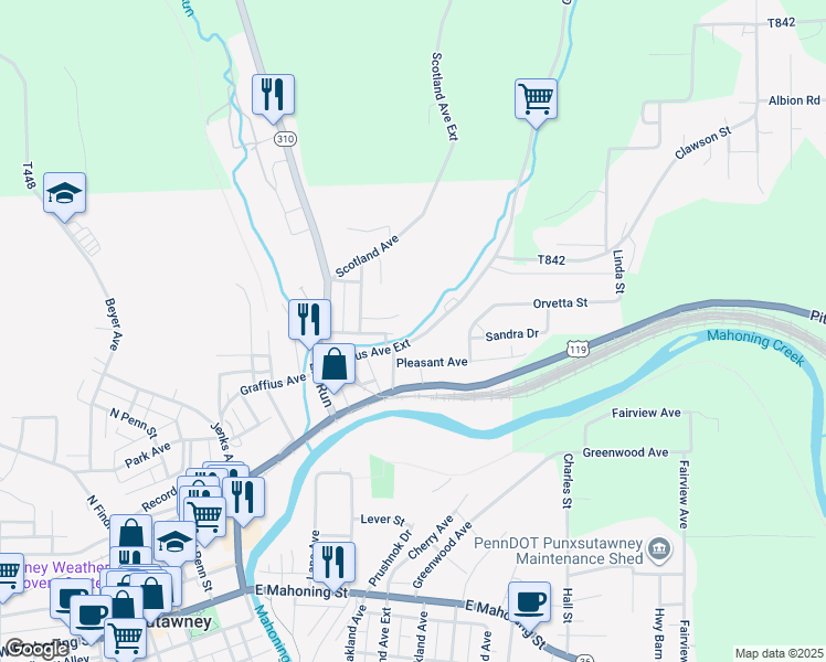 map of restaurants, bars, coffee shops, grocery stores, and more near 204 Orchard Avenue in Punxsutawney