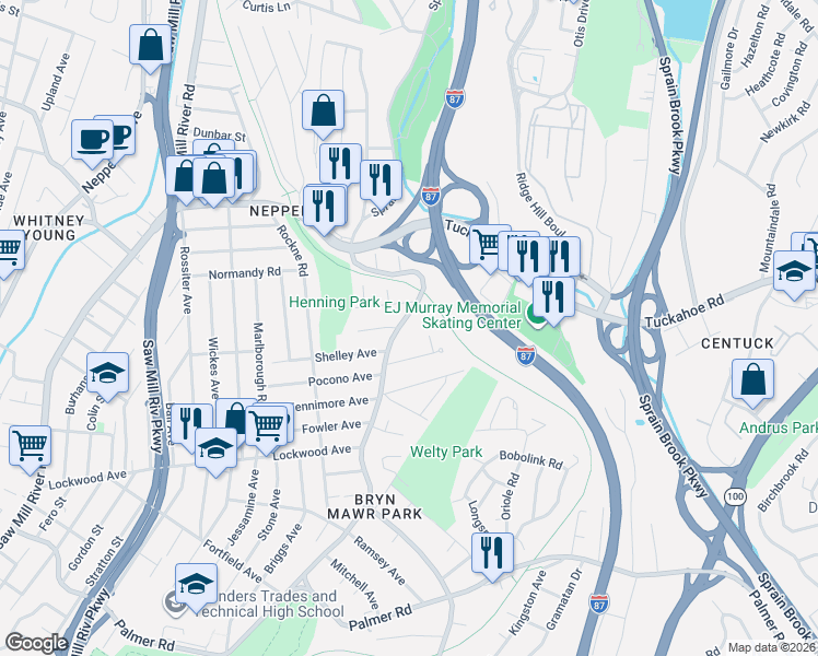 map of restaurants, bars, coffee shops, grocery stores, and more near 39 Rushby Way in Yonkers