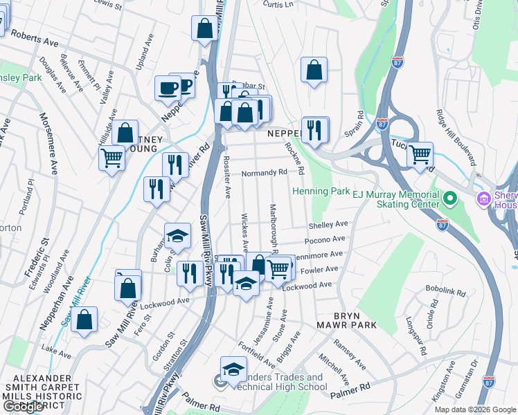 map of restaurants, bars, coffee shops, grocery stores, and more near 91 Buckingham Road in Yonkers