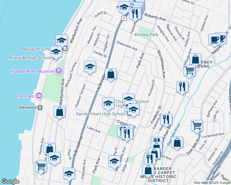 map of restaurants, bars, coffee shops, grocery stores, and more near 49 Shonnard Place in Yonkers
