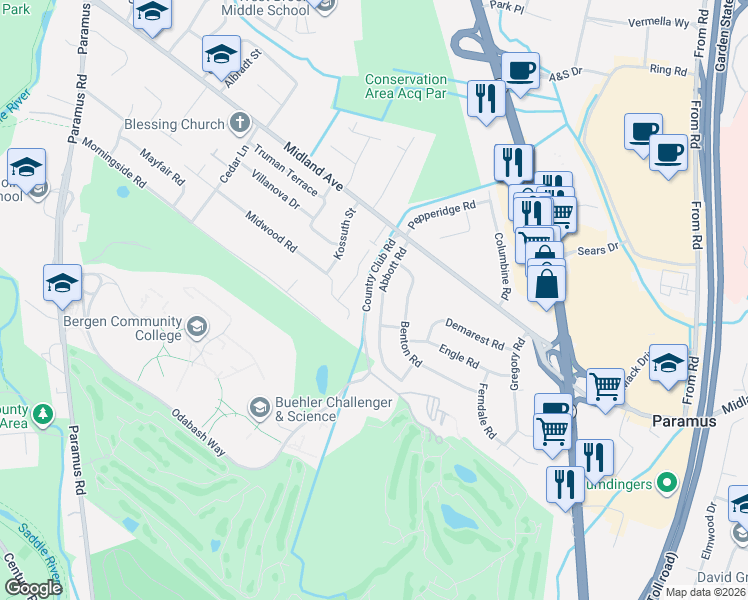 map of restaurants, bars, coffee shops, grocery stores, and more near 409 Abbott Road in Paramus