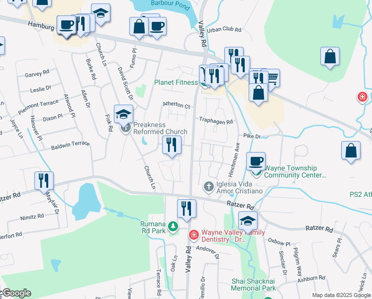 map of restaurants, bars, coffee shops, grocery stores, and more near 1169B Valley Road in Wayne