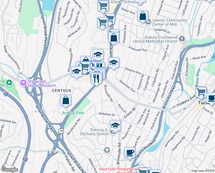 map of restaurants, bars, coffee shops, grocery stores, and more near 682 Tuckahoe Road in Yonkers