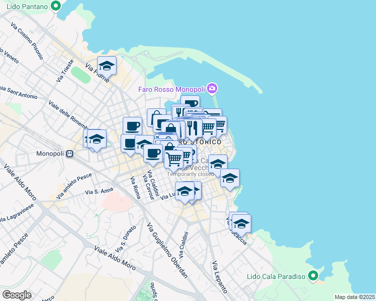 map of restaurants, bars, coffee shops, grocery stores, and more near 32 Via Amalfitana in Monopoli