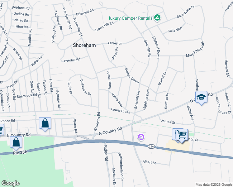 map of restaurants, bars, coffee shops, grocery stores, and more near 9 Valley Way in Shoreham