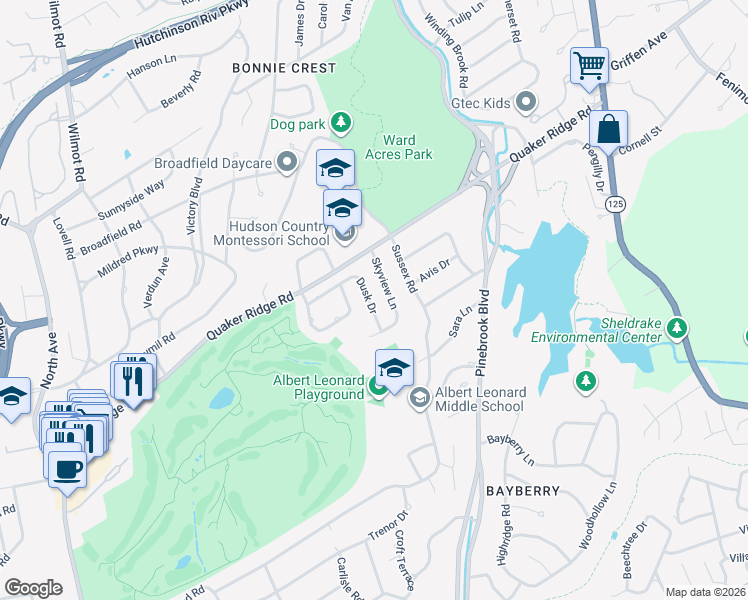 map of restaurants, bars, coffee shops, grocery stores, and more near 24 Skyview Lane in New Rochelle