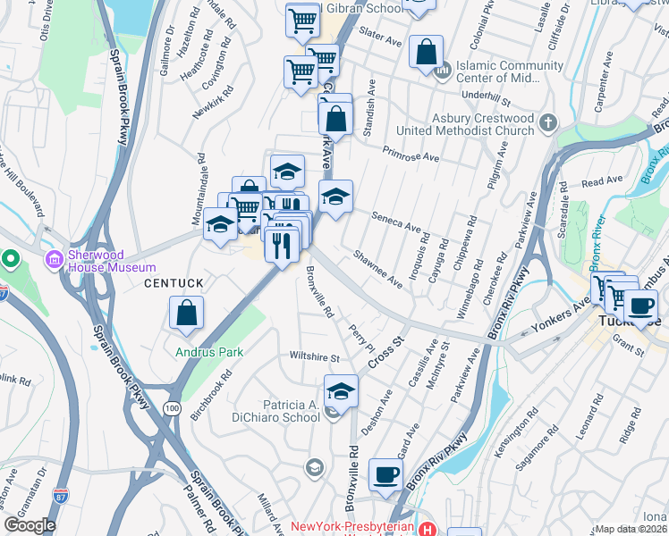 map of restaurants, bars, coffee shops, grocery stores, and more near 707 Tuckahoe Road in Yonkers