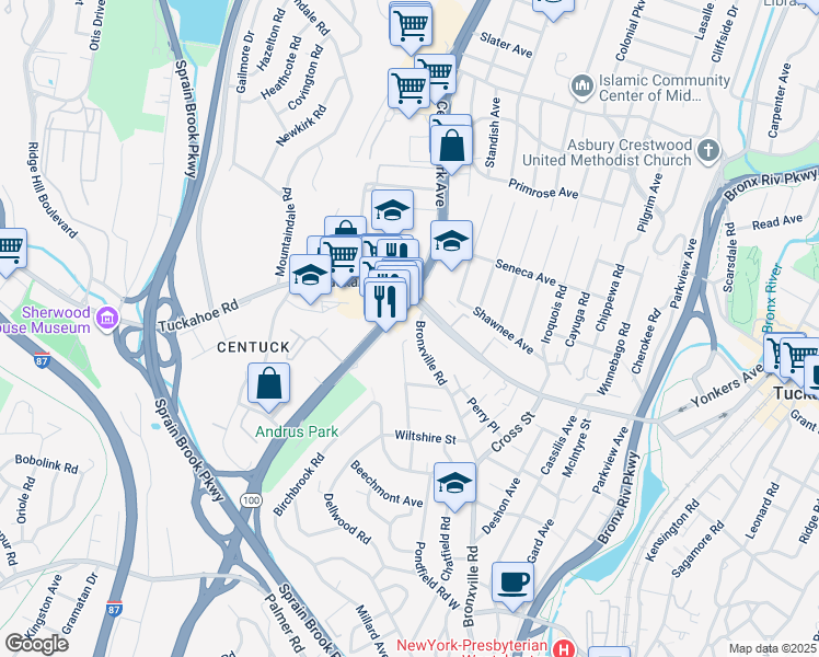 map of restaurants, bars, coffee shops, grocery stores, and more near in Yonkers