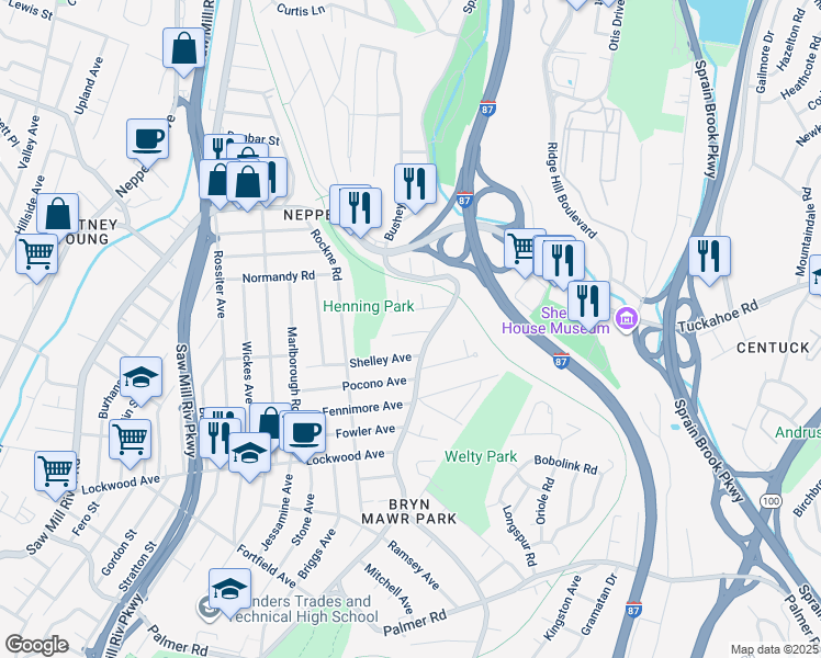 map of restaurants, bars, coffee shops, grocery stores, and more near 39 Midwood Avenue in Yonkers