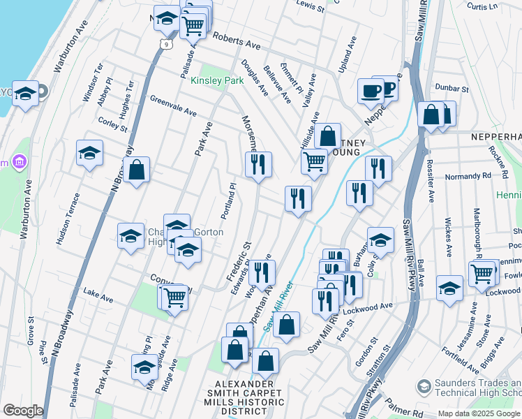 map of restaurants, bars, coffee shops, grocery stores, and more near 51 Montague Street in Yonkers