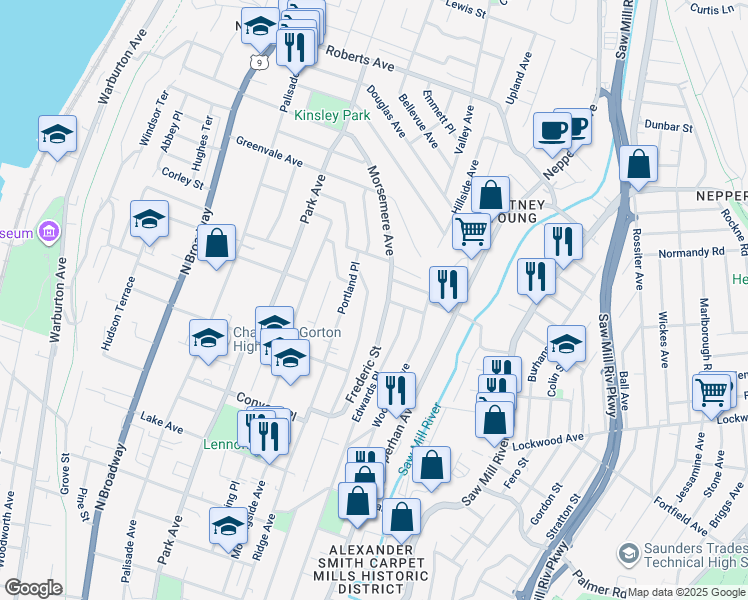 map of restaurants, bars, coffee shops, grocery stores, and more near 402 Sommerville Place in Yonkers