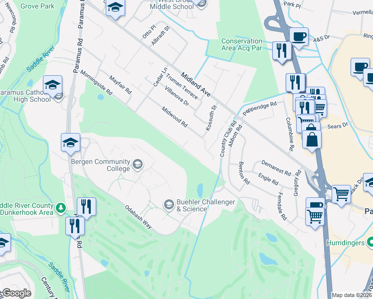 map of restaurants, bars, coffee shops, grocery stores, and more near 152 Midwood Road in Paramus