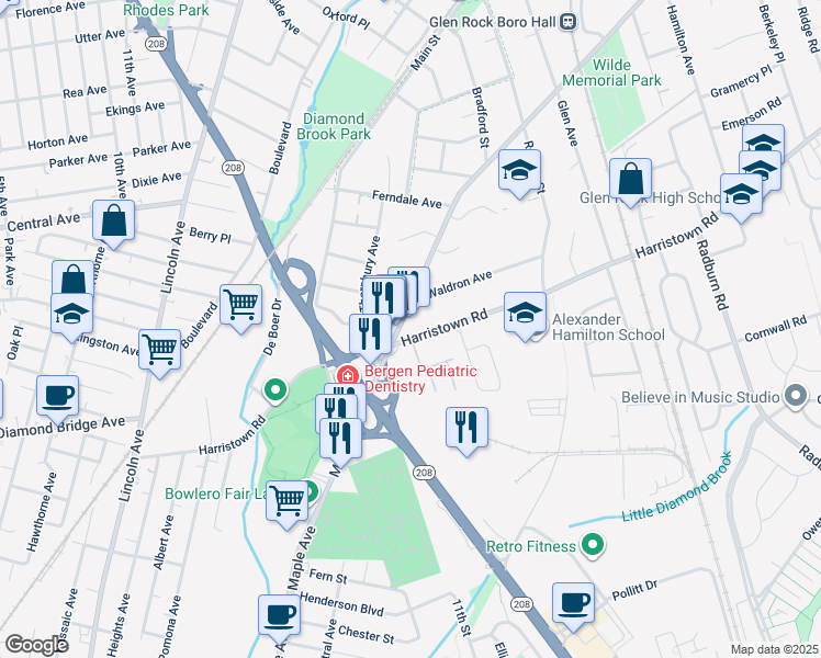 map of restaurants, bars, coffee shops, grocery stores, and more near 976 Maple Avenue in Glen Rock