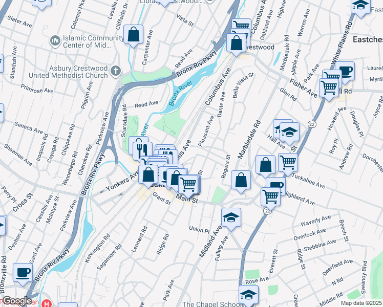 map of restaurants, bars, coffee shops, grocery stores, and more near 50 Columbus Avenue in Tuckahoe