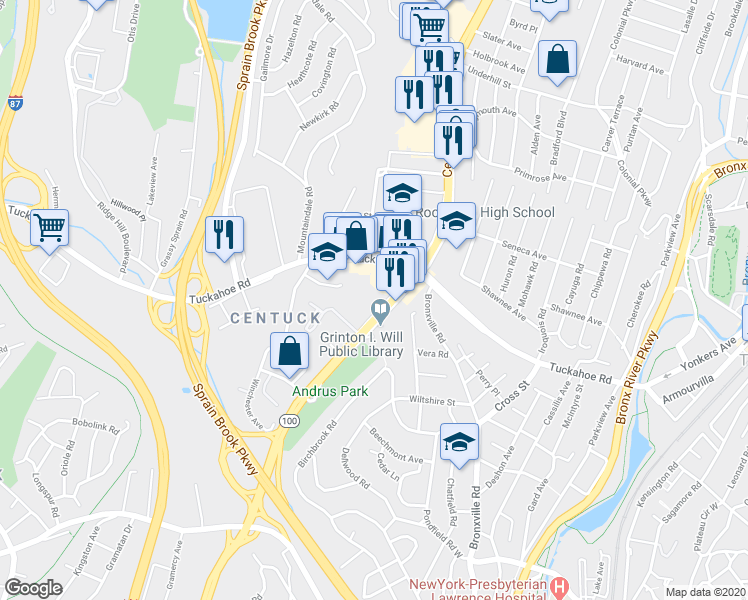 map of restaurants, bars, coffee shops, grocery stores, and more near 1555 Central Park Avenue in Yonkers