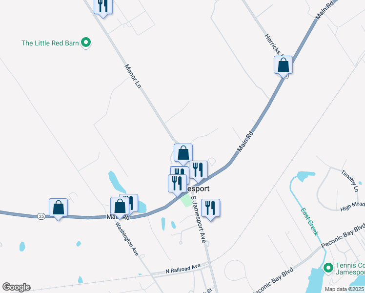 map of restaurants, bars, coffee shops, grocery stores, and more near 58 Manor Lane in Riverhead