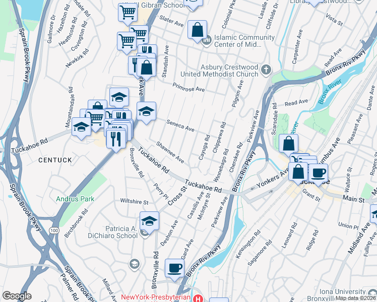 map of restaurants, bars, coffee shops, grocery stores, and more near 69 Iroquois Road in Yonkers