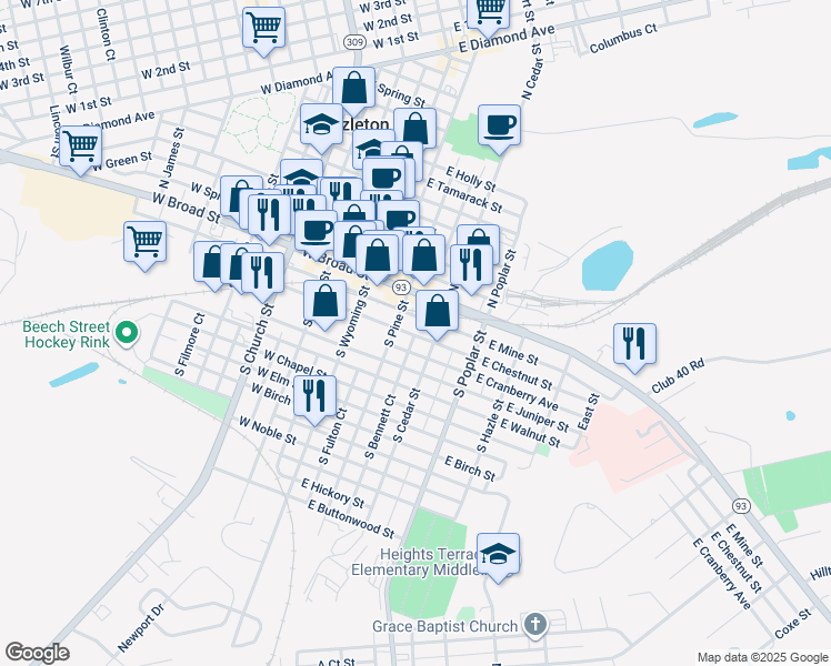 map of restaurants, bars, coffee shops, grocery stores, and more near 123 East Chestnut Street in Hazleton