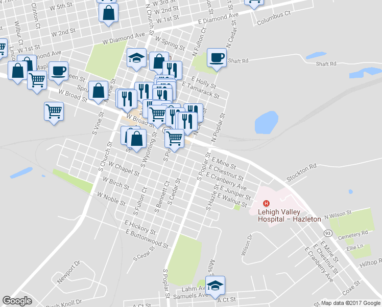 map of restaurants, bars, coffee shops, grocery stores, and more near 218 East Mine Street in Hazleton