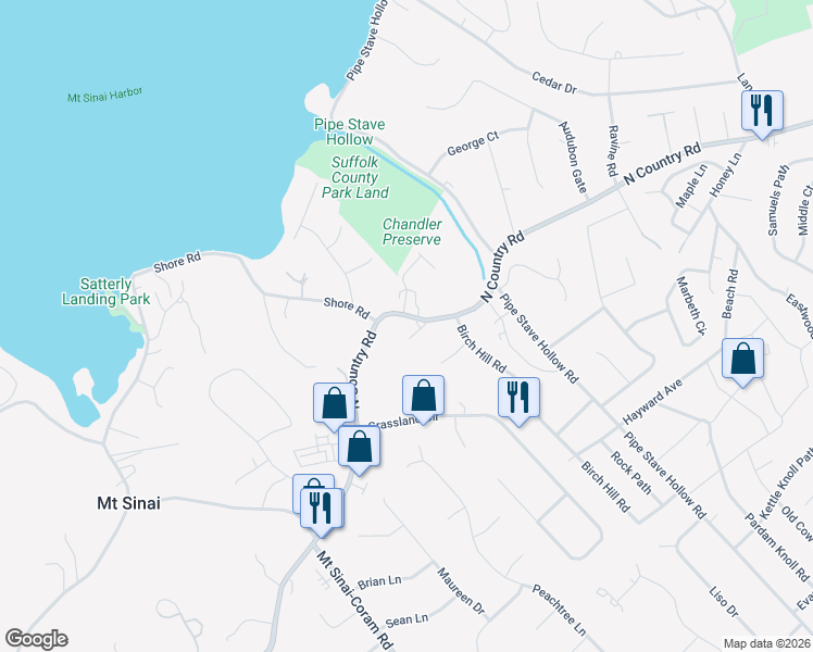 map of restaurants, bars, coffee shops, grocery stores, and more near 233 North Country Road in Mount Sinai