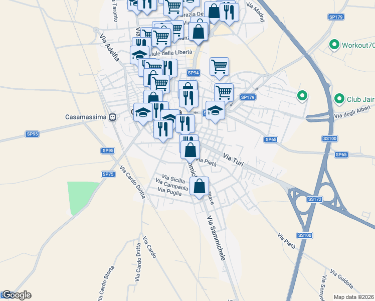 map of restaurants, bars, coffee shops, grocery stores, and more near 5D Via Turi in Casamassima