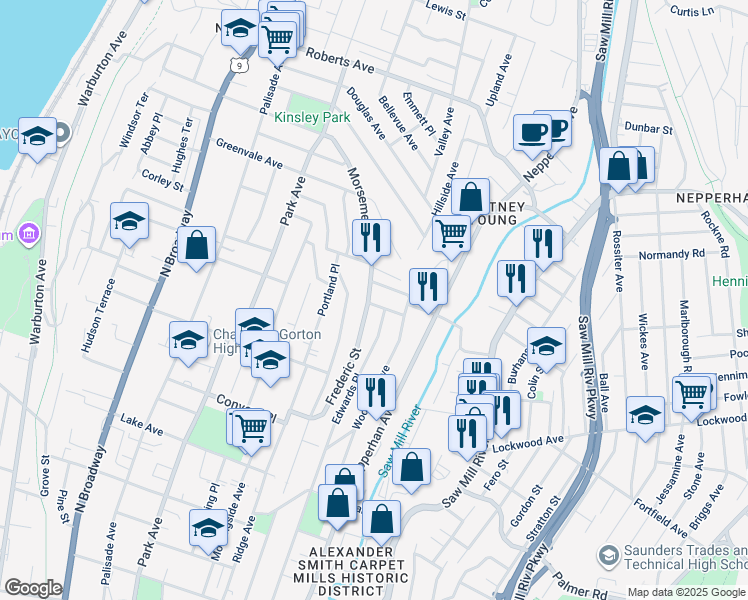 map of restaurants, bars, coffee shops, grocery stores, and more near 51 Montague Street in Yonkers