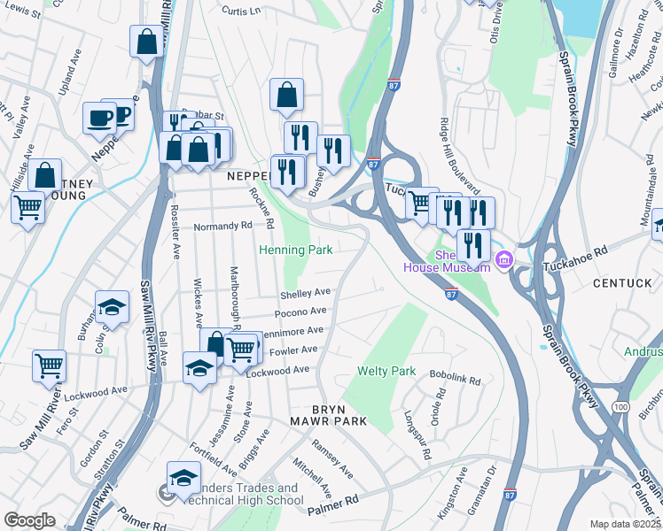 map of restaurants, bars, coffee shops, grocery stores, and more near 39 Midwood Avenue in Yonkers