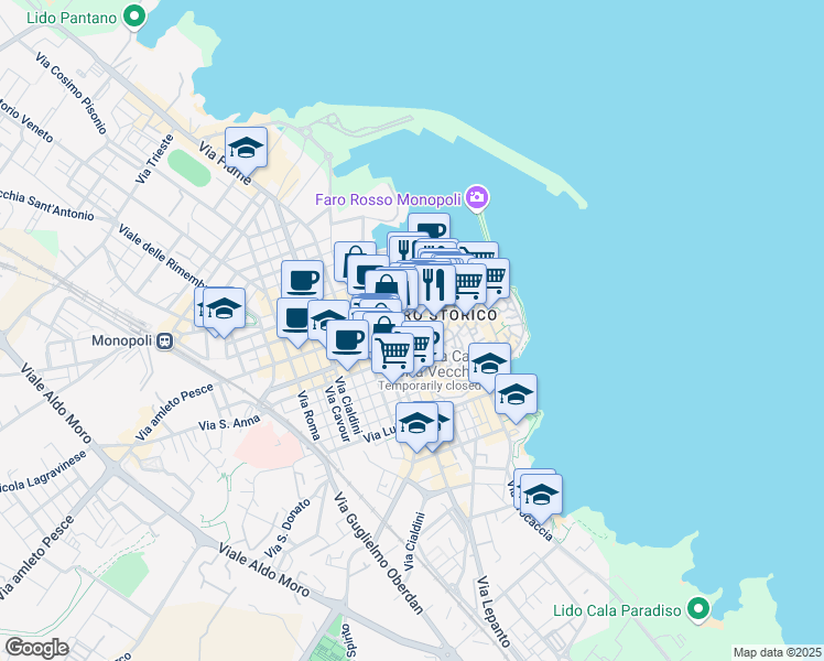 map of restaurants, bars, coffee shops, grocery stores, and more near 32 Via Amalfitana in Monopoli