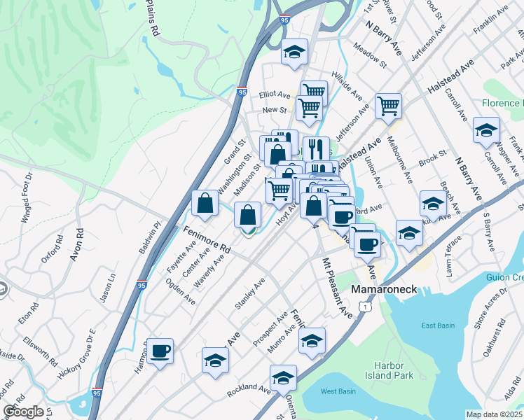 map of restaurants, bars, coffee shops, grocery stores, and more near 163 Waverly Avenue in Mamaroneck