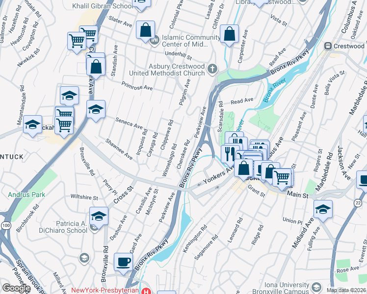 map of restaurants, bars, coffee shops, grocery stores, and more near 103 Winnebago Road in Yonkers