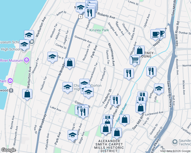 map of restaurants, bars, coffee shops, grocery stores, and more near 8 Eastview Avenue in Yonkers