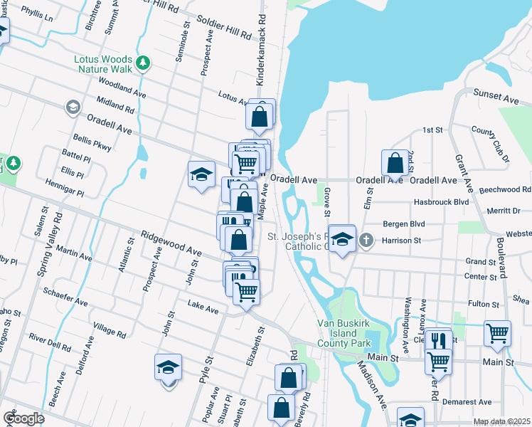 map of restaurants, bars, coffee shops, grocery stores, and more near 363 Maple Avenue in Oradell