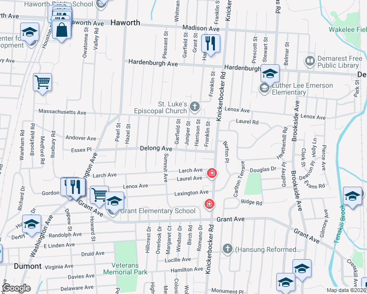 map of restaurants, bars, coffee shops, grocery stores, and more near 68 Juniper Street in Dumont