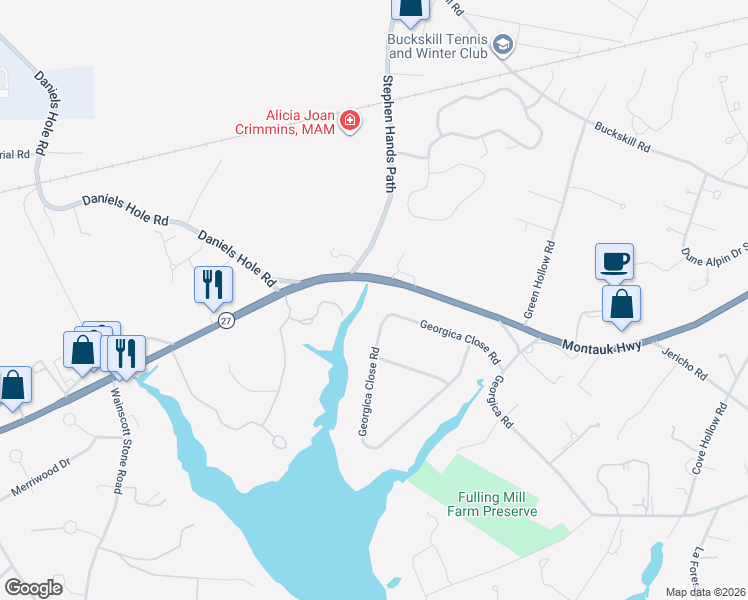 map of restaurants, bars, coffee shops, grocery stores, and more near 249 Montauk Highway in East Hampton