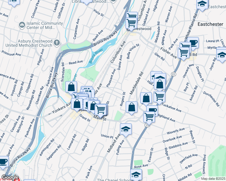 map of restaurants, bars, coffee shops, grocery stores, and more near 41 Limekiln Road in Tuckahoe