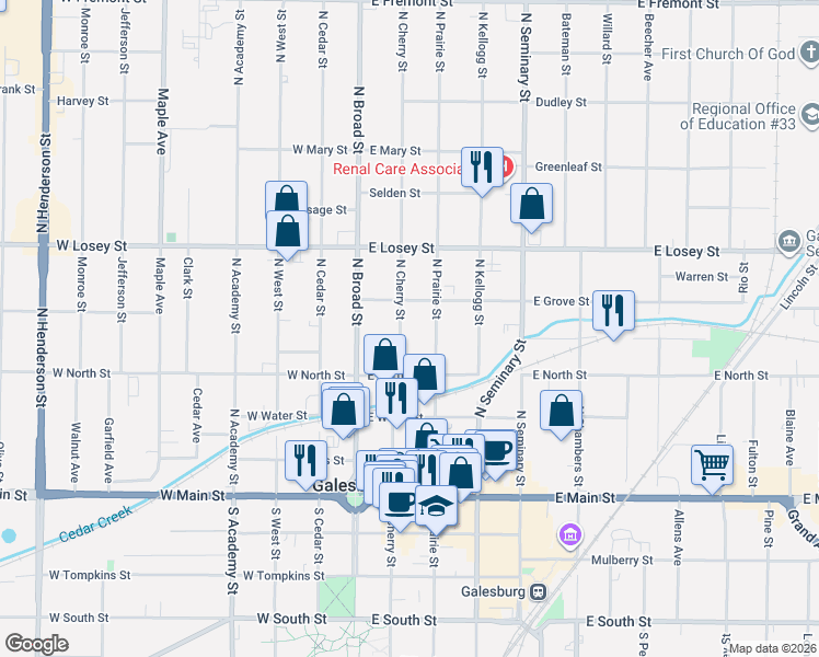 map of restaurants, bars, coffee shops, grocery stores, and more near 471 North Cherry Street in Galesburg