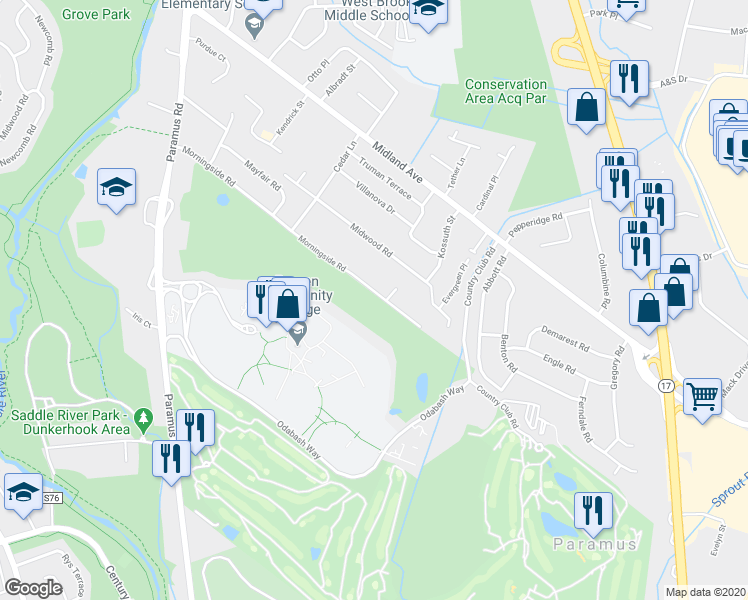 map of restaurants, bars, coffee shops, grocery stores, and more near 126 Morningside Road in Paramus
