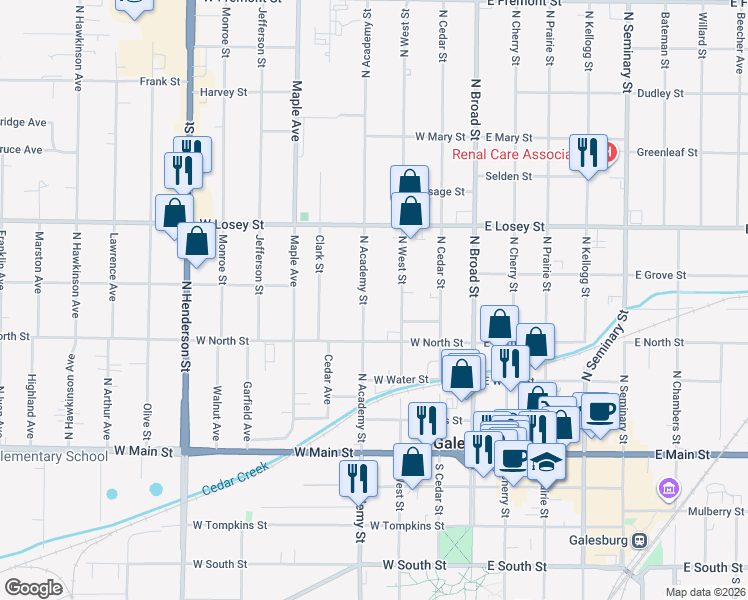 map of restaurants, bars, coffee shops, grocery stores, and more near 301-599 North Academy Street in Galesburg