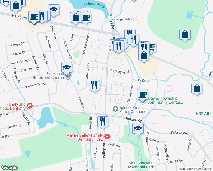map of restaurants, bars, coffee shops, grocery stores, and more near 1203 Valley Road in Wayne