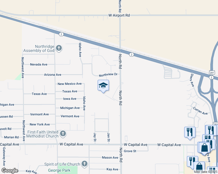 map of restaurants, bars, coffee shops, grocery stores, and more near 2710 North Road in Grand Island