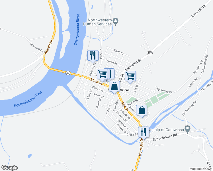 map of restaurants, bars, coffee shops, grocery stores, and more near 307 Main Street in Catawissa