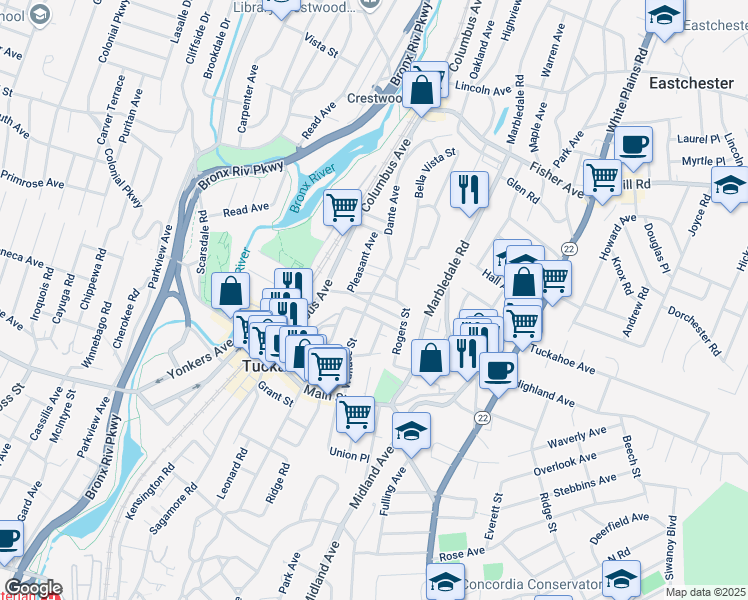 map of restaurants, bars, coffee shops, grocery stores, and more near 8 Circle Road in Tuckahoe