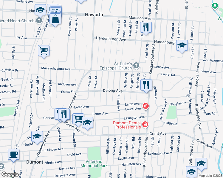 map of restaurants, bars, coffee shops, grocery stores, and more near 67 Beacon Street in Dumont