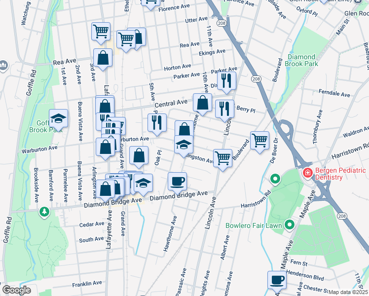 map of restaurants, bars, coffee shops, grocery stores, and more near 301 Warburton Avenue in Hawthorne