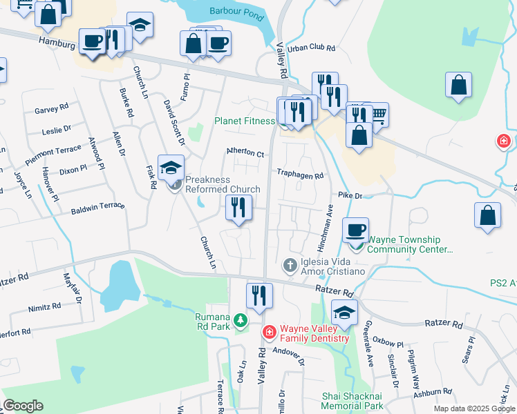 map of restaurants, bars, coffee shops, grocery stores, and more near 9 Salisbury Road in Wayne