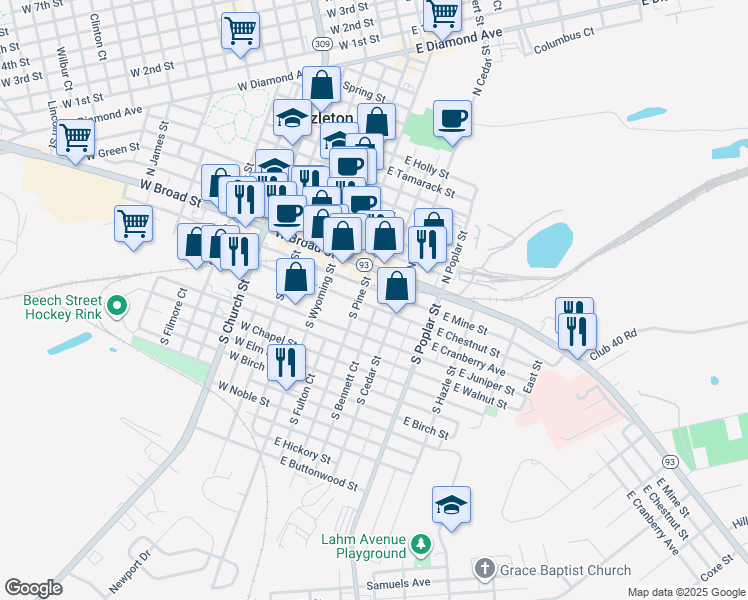 map of restaurants, bars, coffee shops, grocery stores, and more near 116 East Broad Street in Hazleton