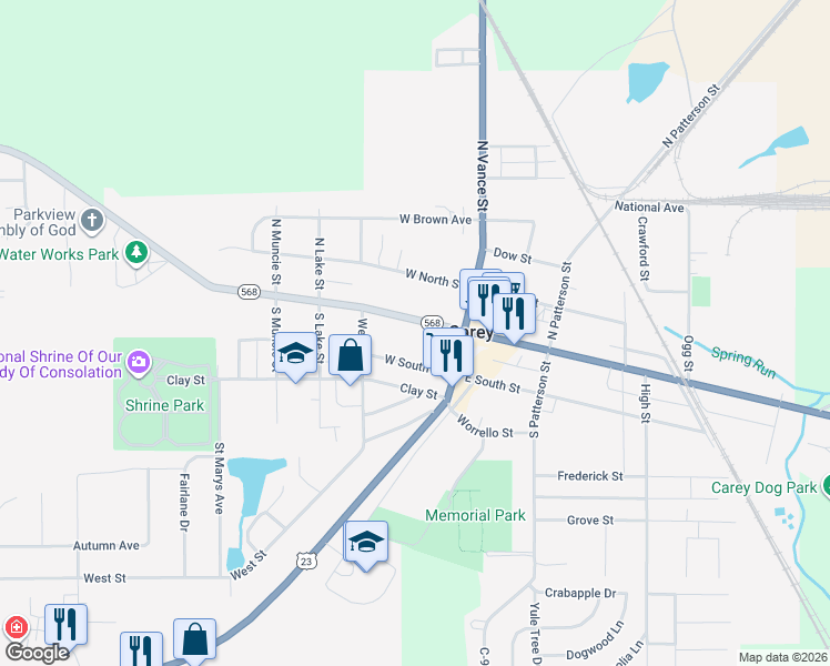 map of restaurants, bars, coffee shops, grocery stores, and more near 218 West Findlay Street in Carey