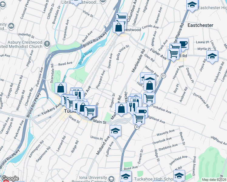 map of restaurants, bars, coffee shops, grocery stores, and more near 8 Circle Road in Tuckahoe