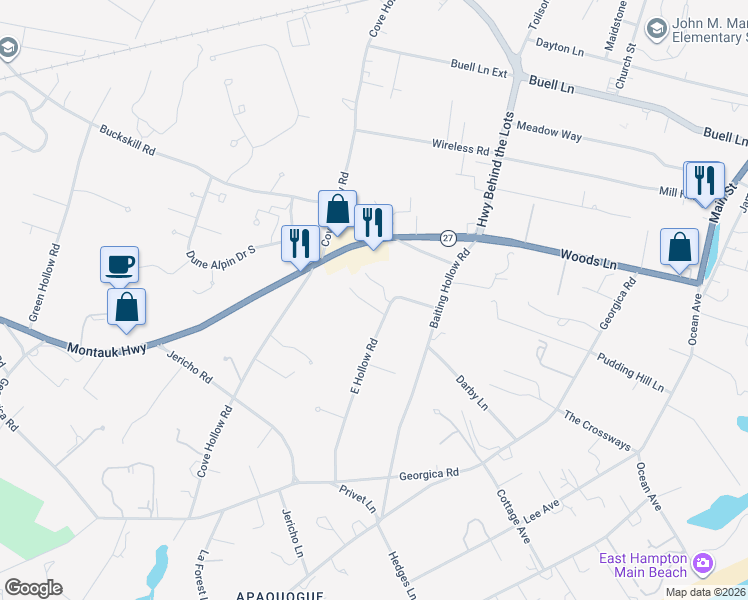 map of restaurants, bars, coffee shops, grocery stores, and more near 2 Bailow Lane in East Hampton